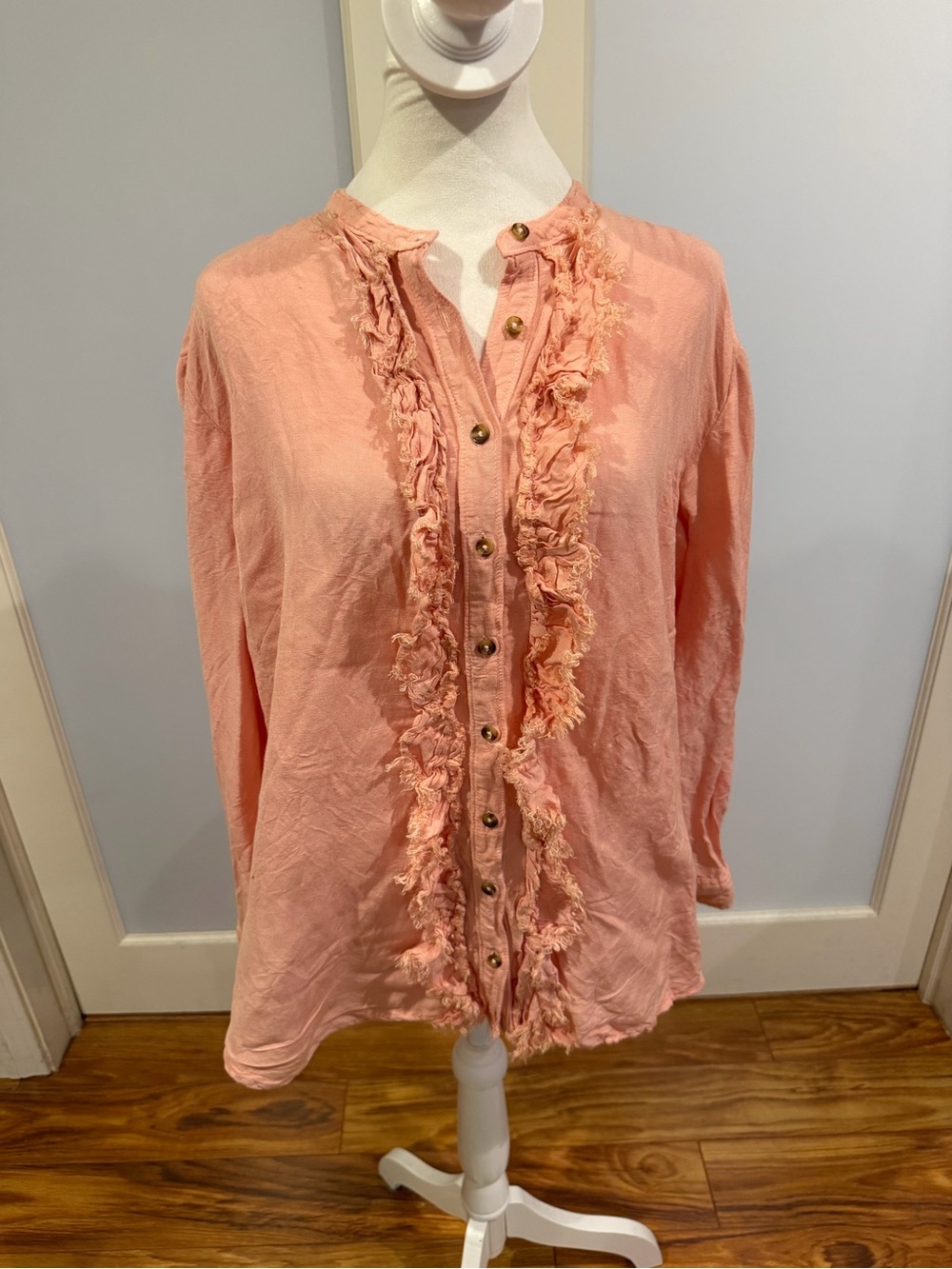 Pilcro Peach Pink Ruffle-Front Button Down Shirt